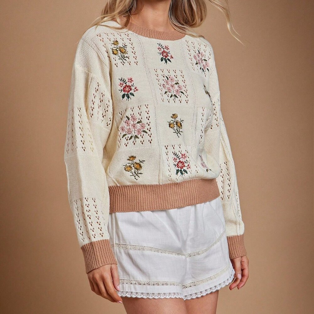 Apricot Casual Women's Patchwork Floral Knit Sweater - Picture 4 of 5